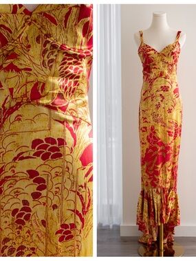 Just Cavalli Red & Gold Silk Oriental Japanese Print Maxi Dress